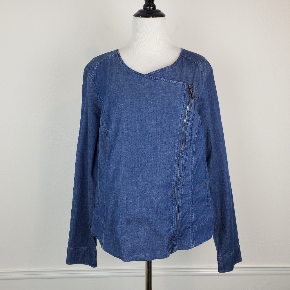 H by Halston Jacket Moto Chambray Asymmetrical Zip Up Edgy Fall Spring Blue